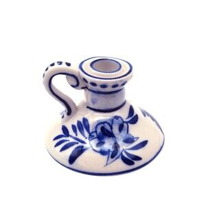 Vintage Delft Hand Painted Chamberstick Candle Holder Windmill Flowers